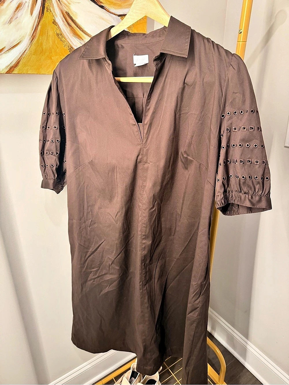 Chico's Eyelet Blouson Sleeve Tiered Midi Dress Brown Size 12